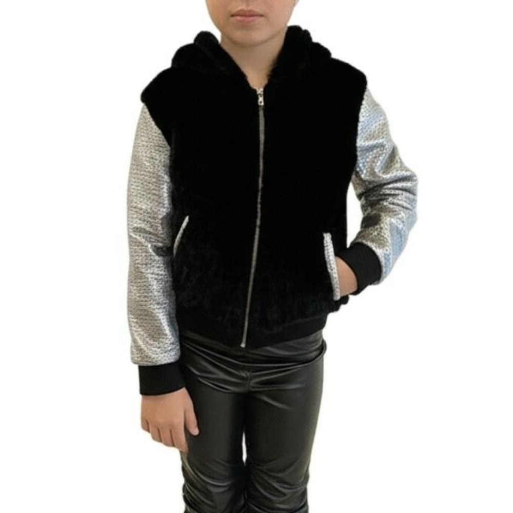 Bebe Girls Bomber‎ Jacket 14 Hooded Black Silver Metallic Faux Fur Edgy Glam
